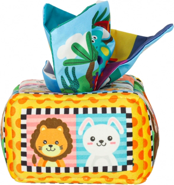 Box sensoriale Montessori con fazzoletti colorati e animaletti