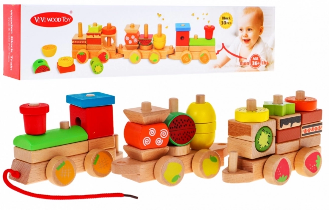 Locomotiva in legno con sorter per bambini 3+ Gioco sensoriale + 27 blocchi