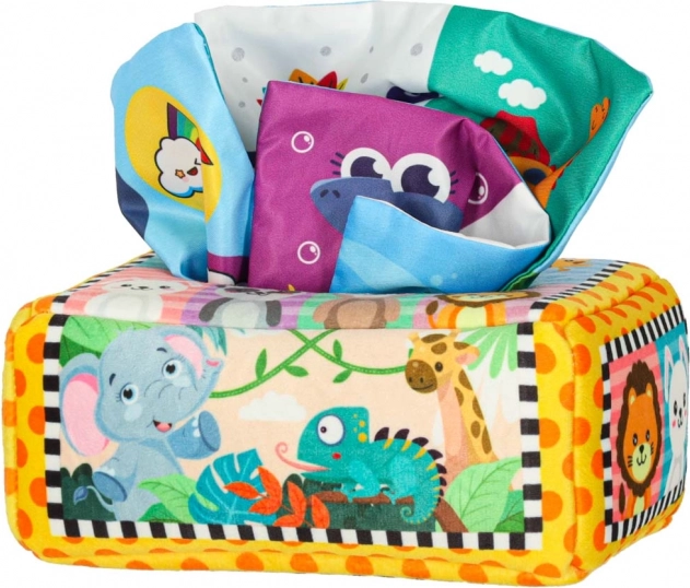 Box sensoriale Montessori con fazzoletti colorati e animaletti