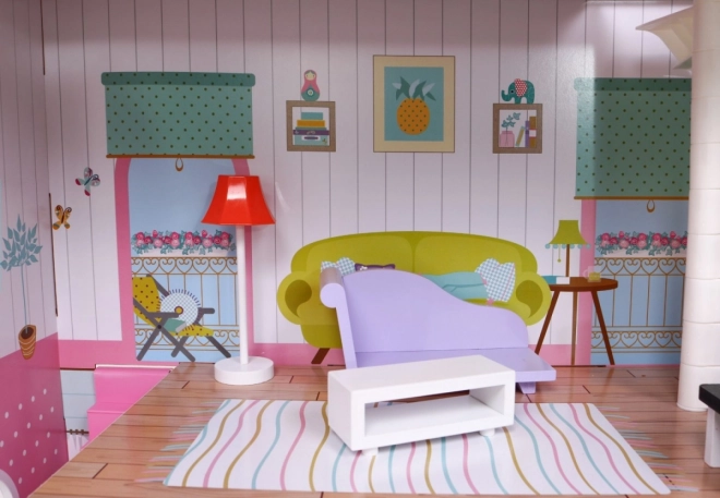 Casa delle bambole in legno Rosa per bambini 3+ con arredi e mobili