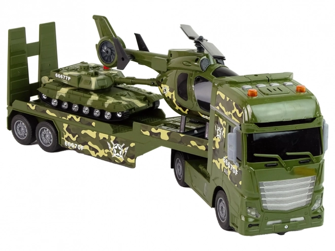 Set militare con carro armato a frizione, elicottero e camion