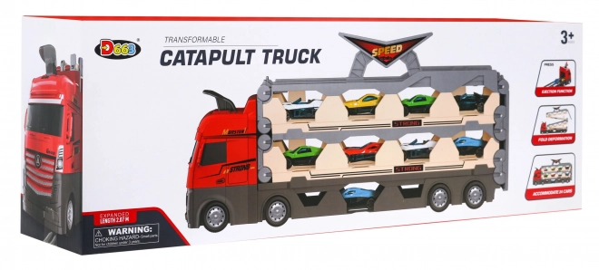 Set 3 in 1 Camion Con Rimorchio + Auto da Corsa per Bambini 3+ Pista con Catapulta