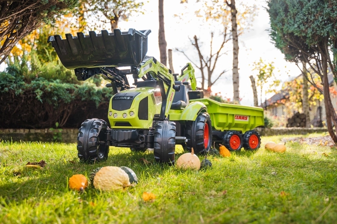 Trattore a pedali Claas Axos - con benna anteriore e posteriore + rimorchio