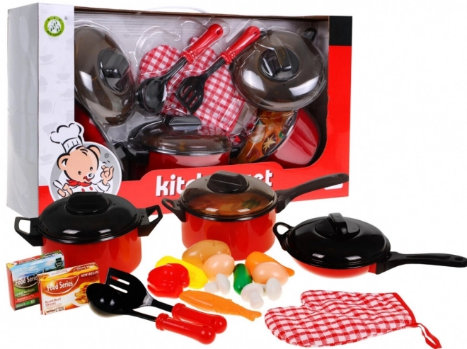 Set Cucina Rosso per Bambini 3+ Anni - Pentole e Utensili Cucina con Alimenti Finti 22 Pezzi