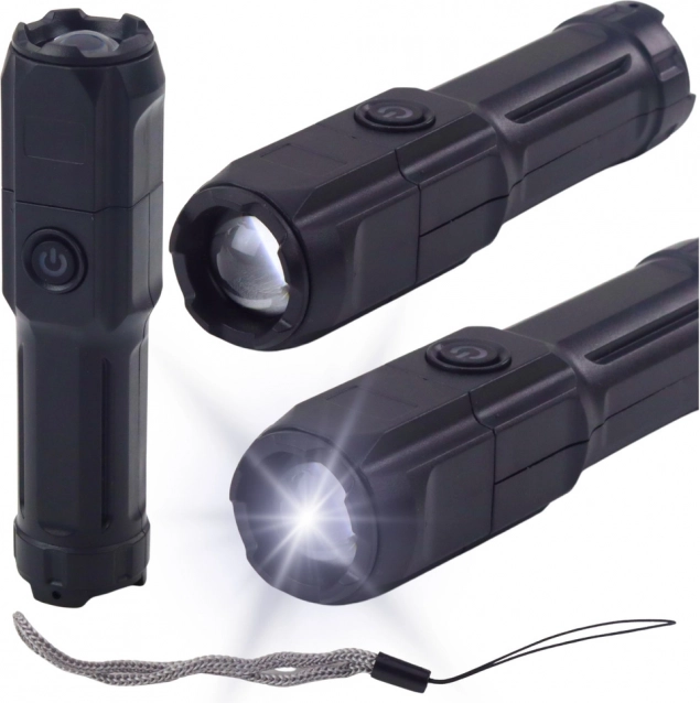 Torcia LED con zoom, 3 modalità, ricarica USB, nera