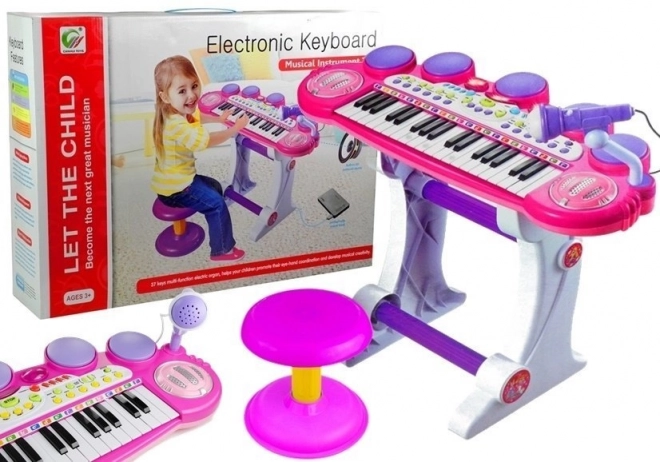 Pianoforte Rosa Bambina con Microfono e Sgabello