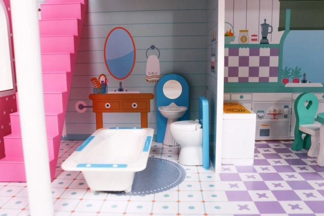 Casa delle bambole in legno Rosa per bambini 3+ con arredi e mobili