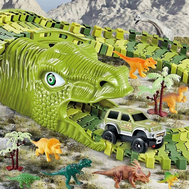 Pista da corsa di dinosauro con macchinina e figurine