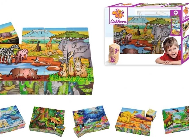 Cubi puzzle in legno EICHHORN, 12 cubi, 6 motivi