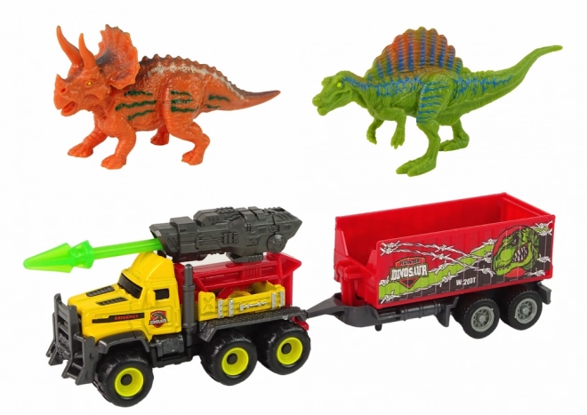 Set dinosauri con auto e rimorchio giallo