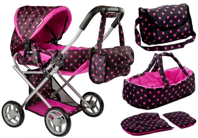 Passeggino per bambole Alice con marsupio e borsa nero e rosa