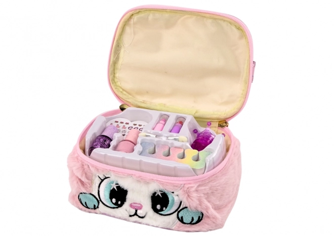 Set bellezza con pochette in peluche gatto smalti rossetti