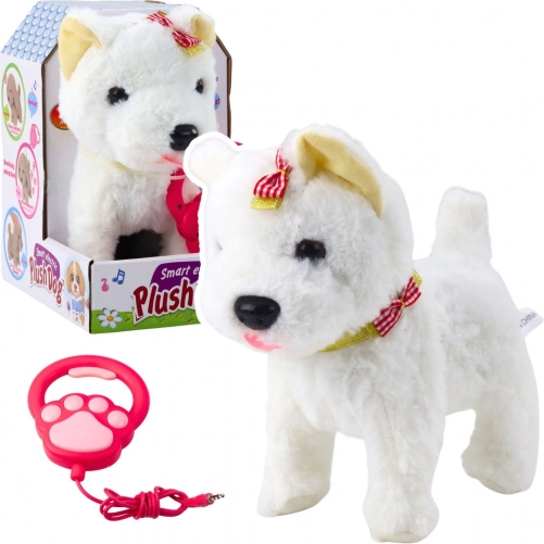 Cagnolino di peluche interattivo con guinzaglio e fiocchetti – bianco