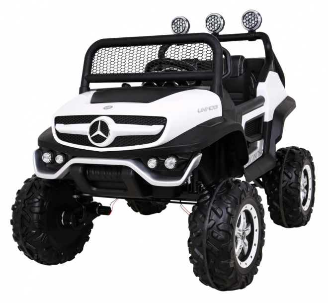 Mercedes Benz Unimog per bambini bianco + trazione 4x4 + telecomando + portabagagli + partenza lenta + MP3 LED