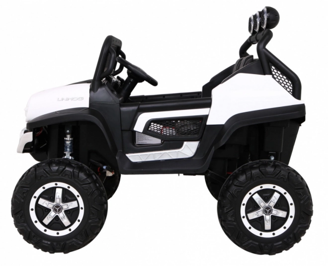 Mercedes Benz Unimog per bambini bianco + trazione 4x4 + telecomando + portabagagli + partenza lenta + MP3 LED