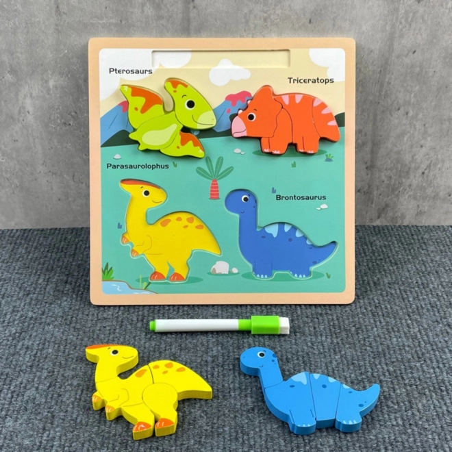 Puzzle educativo in legno con lavagna per disegnare Dinosauri