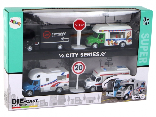 Set di Veicoli in Miniatura Camper, Camion, Ambulanza e Gelateria a Frizione 1:87