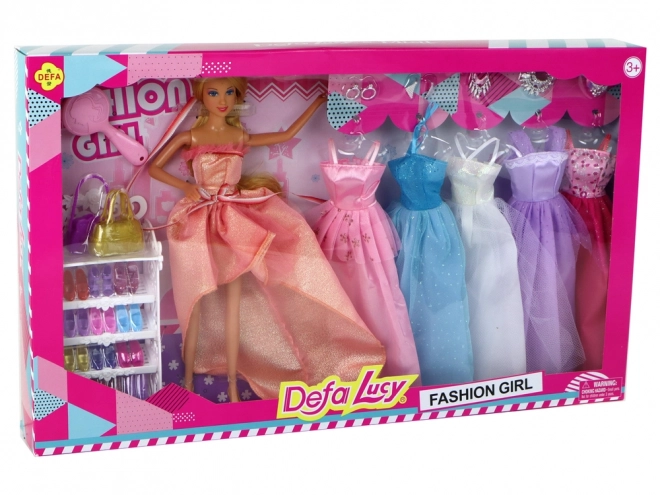 Bambola bambina Capelli biondi lunghi Armadio Scarpe Abiti Accessori Rosa