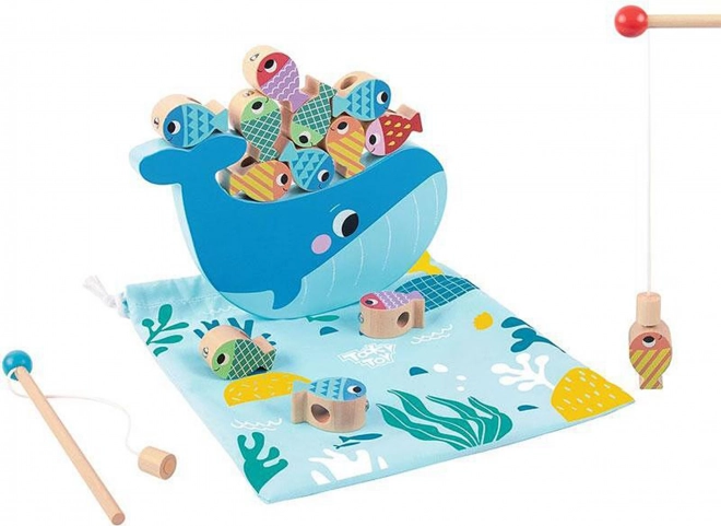 Tooky Toy Gioco in Legno Balena e Pesciolini Multifunzionale 4 in 1