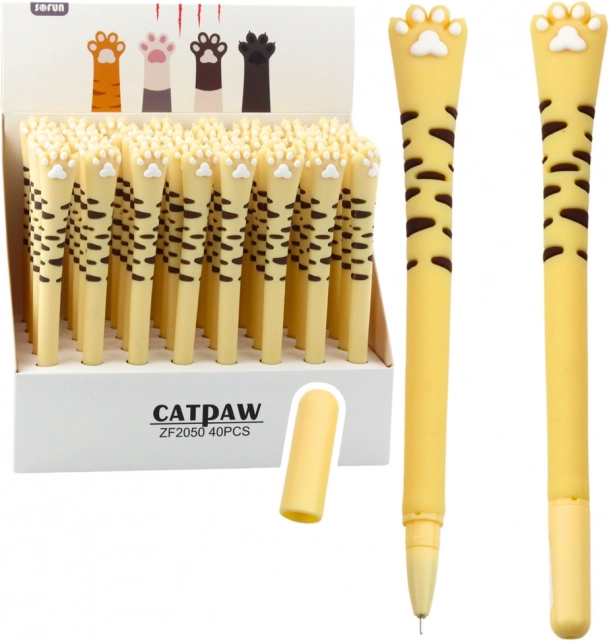 Penna a gel Zampe di gatto inchiostro blu righe gialle 16,5 cm
