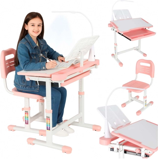 Scrivania per bambini regolabile con sedia e lampada LED, rosa