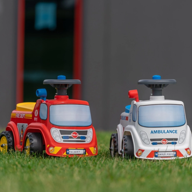 Bicicletta senza pedali dei pompieri per bambini con sedile apribile e clacson