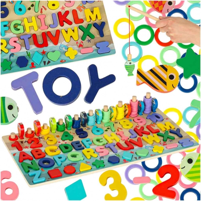 Sorter educativo in legno 3in1 con abaco, lettere e pesca magnetica
