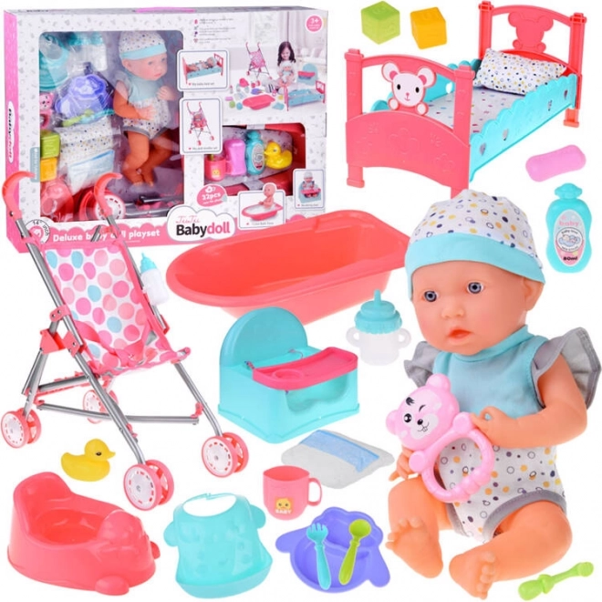 Set Bambola con Passeggino e Accessori Completi