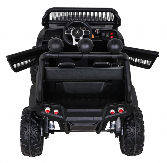 Mercedes Benz Unimog per bambini nero + trazione 4x4 + telecomando + vano bagagli + avvio lento + MP3 LED