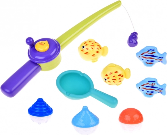 Tavolo d'acqua blu con mulino ad acqua e accessori da pesca