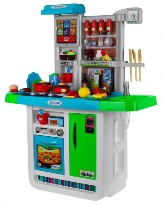 Grande cucina interattiva blu per bambini 3+ con fornelli, rubinetto e pannello audio