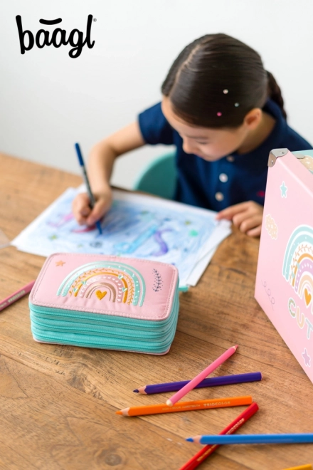 Astuccio scolastico a tre scomparti Arcobaleno rosa