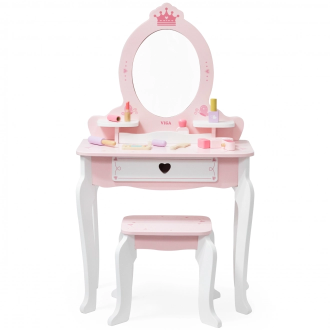 Viga grande specchiera in legno bianco-rosa con specchio e sedia