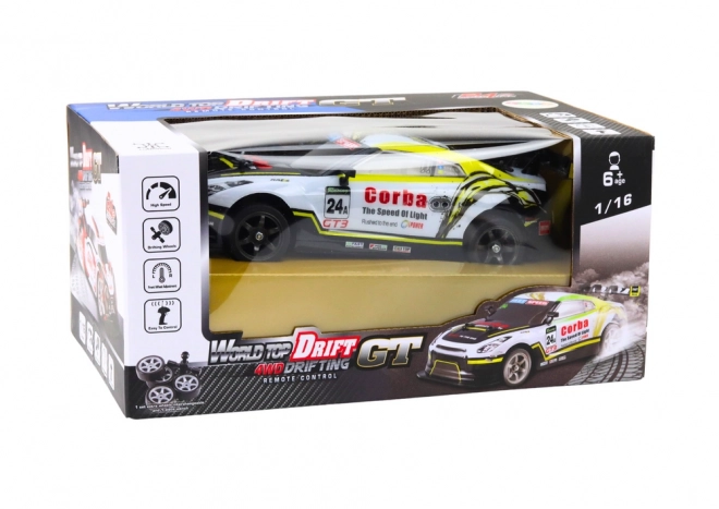 Auto sportivo RC Drift con ruote intercambiabili bianco-giallo