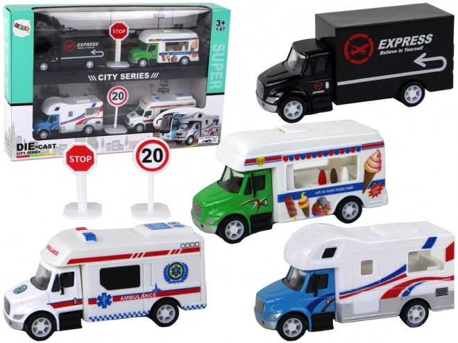 Set di Veicoli in Miniatura Camper, Camion, Ambulanza e Gelateria a Frizione 1:87