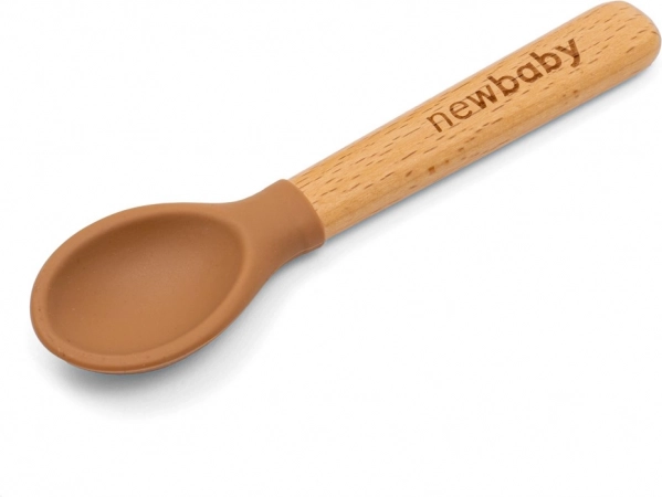 Cucchiaio in silicone con manico in legno New Baby Caramello 14 cm
