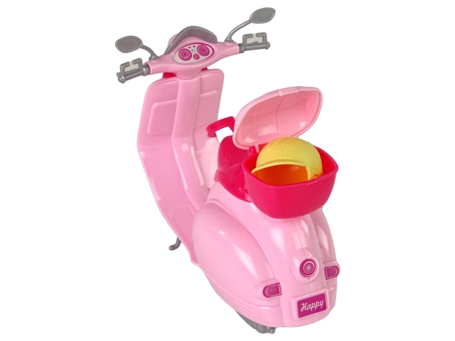 Bambola Anlily sullo scooter rosa con capelli biondi e casco