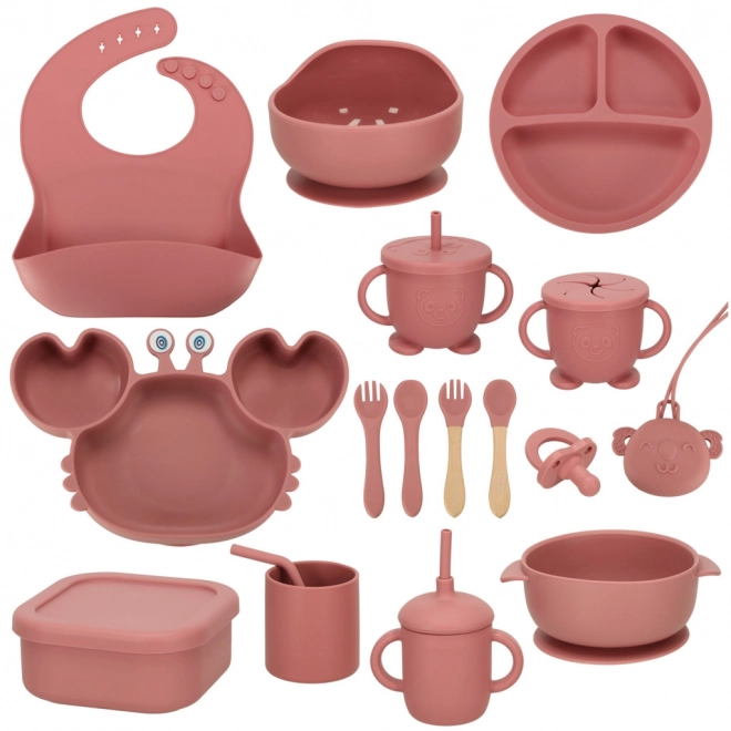 Set di stoviglie in silicone per bambini granchio 19 pezzi rosa scuro