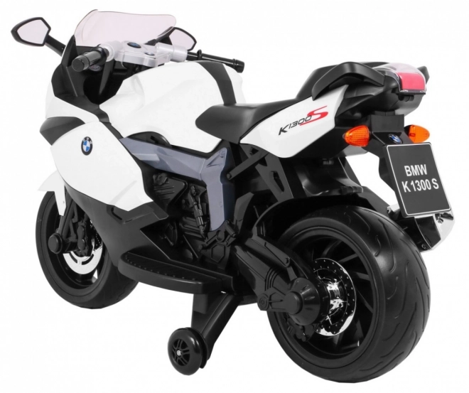 BMW K1300S Motocicletta per Bambini a batteria bianca + ruote ausiliarie + suoni Luci + partenza lenta