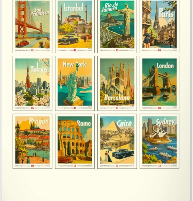 Calendario da parete Vintage poster – città del mondo 2026