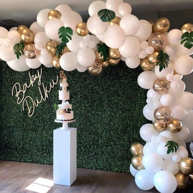 Ghirlanda di palloncini bianco oro con foglie