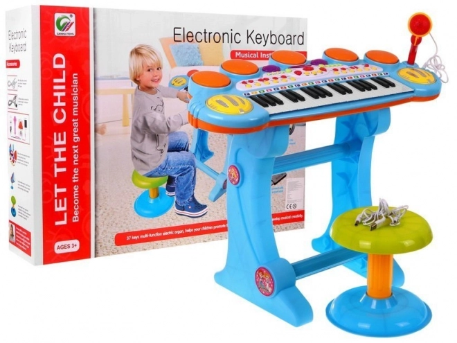 Set musicale blu tastiera + tamburi + microfono per bambini 3+ luci + suoni 3 ottave