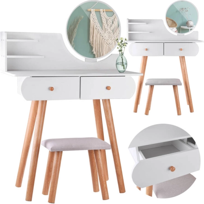 Tavolo da toeletta bianco con sgabello con specchio e cassetti in stile scandinavo ZA4820