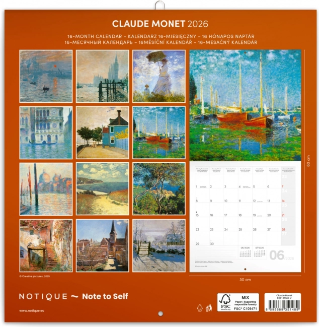 Calendario con note Claude Monet 2026, 30 x 30 cm