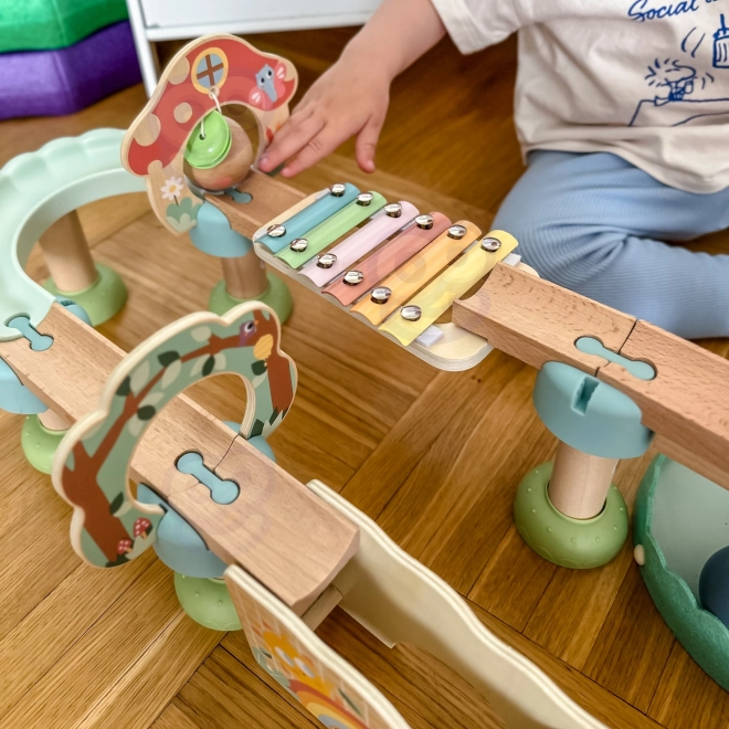 Pista di biglie in legno con xilofono Tooky Toy 44 pezzi