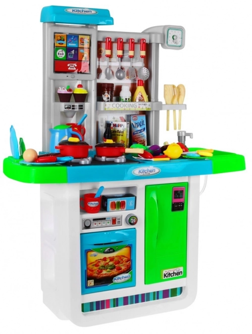 Grande cucina interattiva blu per bambini 3+ con fornelli, rubinetto e pannello audio