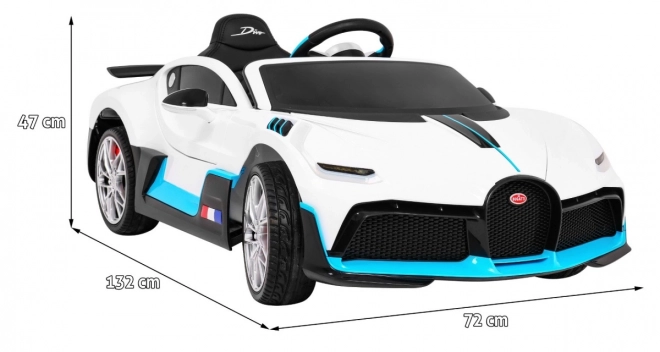 Bugatti Divo Macchinina a batteria per bambini bianca + telecomando + EVA + avvio lento + LED MP3