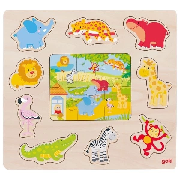 Pezzi in legno e puzzle animali dello zoo