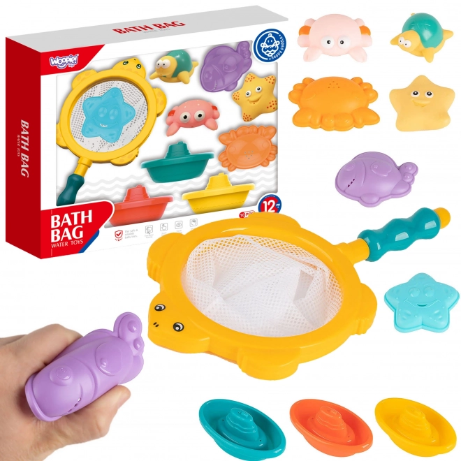 Set da bagno animali marini e barche con rete