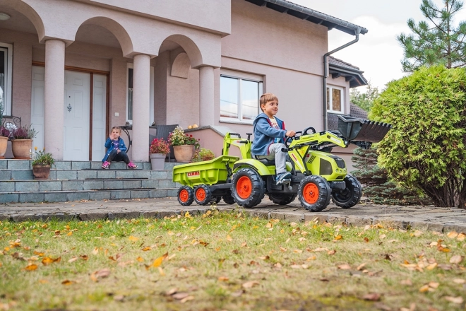 Trattore a pedali Claas Axos - con benna anteriore e posteriore + rimorchio